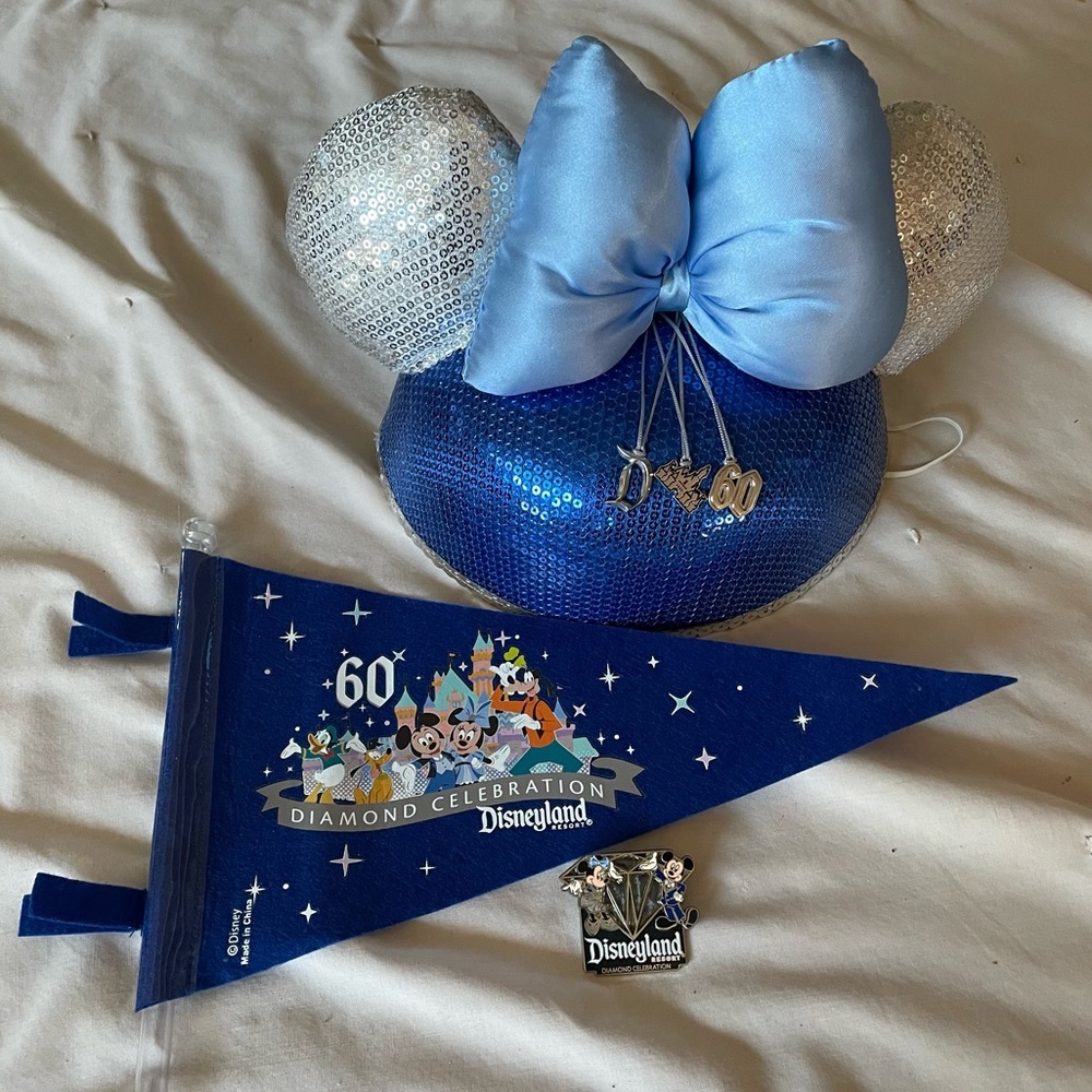Disneyland 60th Anniversary ears, pin, and pendant